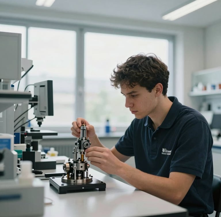 A focused young professional in a clean, modern German engineering lab, examining a mechanical component under bright, natural daylight, architectural framing