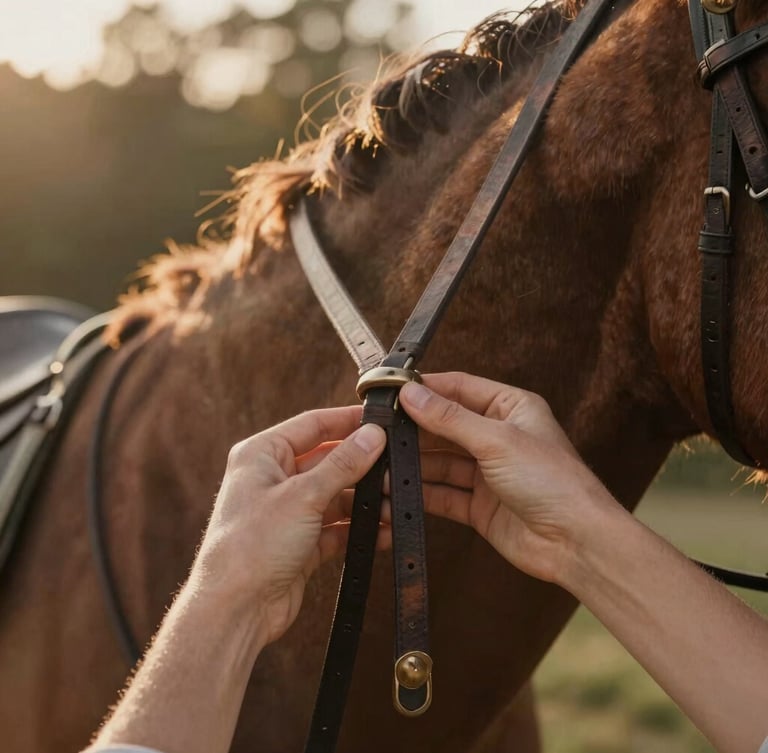 Close-up of hands gently holding leather reins on a horse's neck, warm golden-hour sunlight, soft depth of field, earthy forest tones.