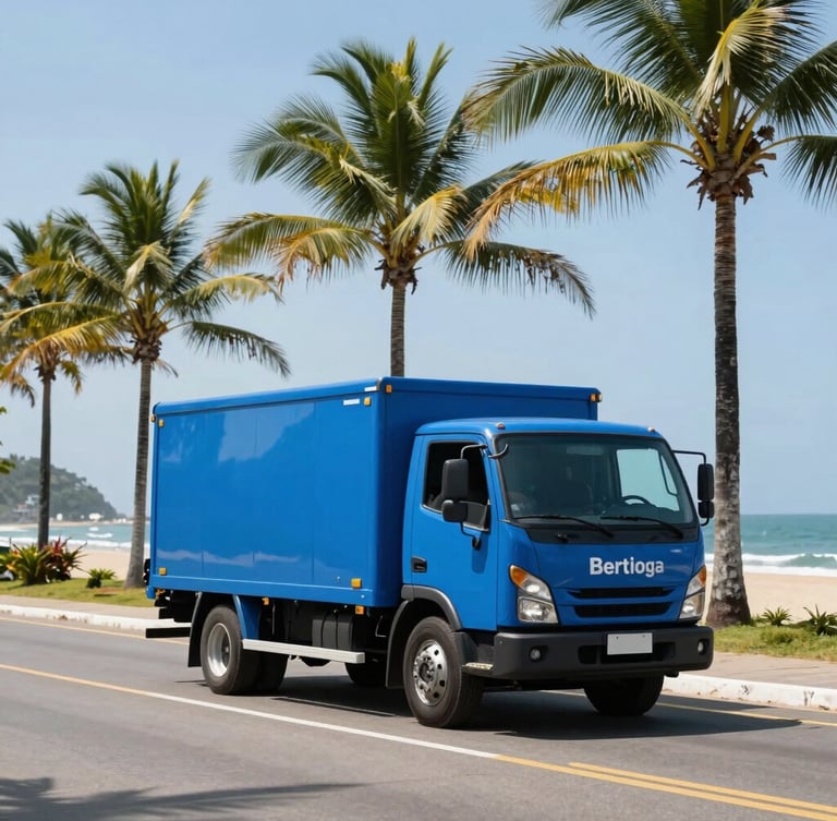 Wide cinematic shot of a clean blue utility service truck driving along a sunny coastal road in Bertioga, palm trees in the background, clear bright daylight.