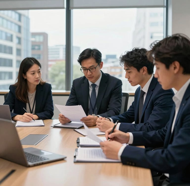 Editorial corporate photography, focused researchers analyzing data in a modern London boardroom, cool natural window light, deep navy tones, shallow depth of field, 35mm.