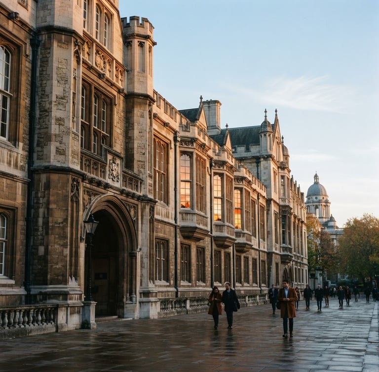 A prestigious stone university building in London, soft morning light, deep navy shadows, golden hour reflection on windows, editorial 35mm photography