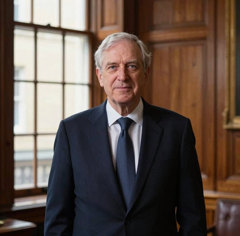 A portrait of a distinguished senior academic in a wood-paneled London study, soft window light, professional editorial style, deep navy tones, 35mm