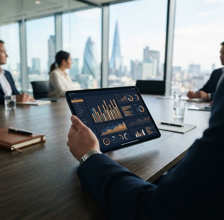Editorial corporate photography, bright natural daylight, a modern glass-walled boardroom in London, sharp focus on a digital tablet showing analytical charts, deep navy and warm amber tones, shallow depth of field, 35mm