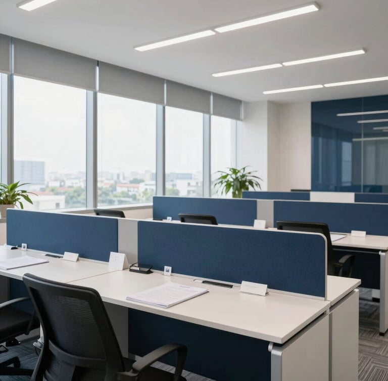 A bright, modern corporate office interior in Bengaluru with clean desks, neat paperwork, and large windows letting in natural daylight, corporate navy accents
