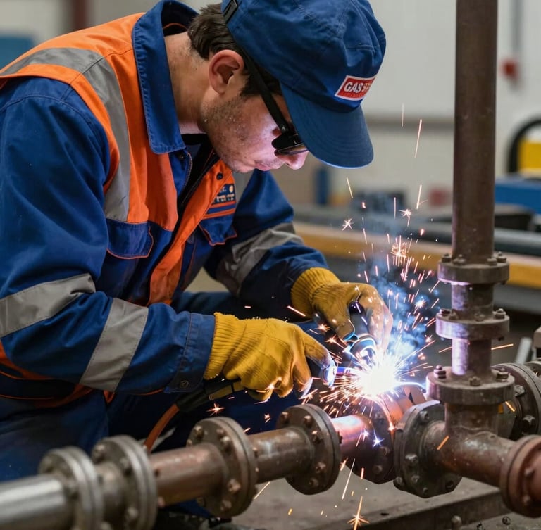 Close-up of a Gas Safe registered technician performing off-site welding on heavy-duty pipework in a workshop, sparks visible, sharp directional lighting, deep blue and orange safety gear.