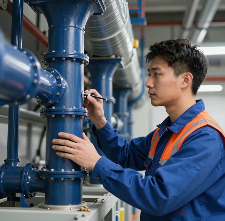 Portrait shot of a technician inspecting ventilation ducting in a commercial building, focus on system details and compliance, sharp industrial light, crisp details, deep blue and high-visibility orange accents.