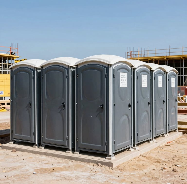 A pristine row of clean dark-gray portable restrooms neatly aligned on a bright, active construction site under clear midday sun, sharp focus, industrial theme