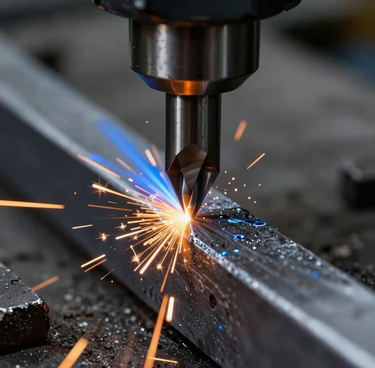 Extreme close-up of a sharp CNC carbide tool cutting hardened tool steel, bright orange sparks, cold steel blue coolant spray, high-contrast industrial lighting, macro depth of field