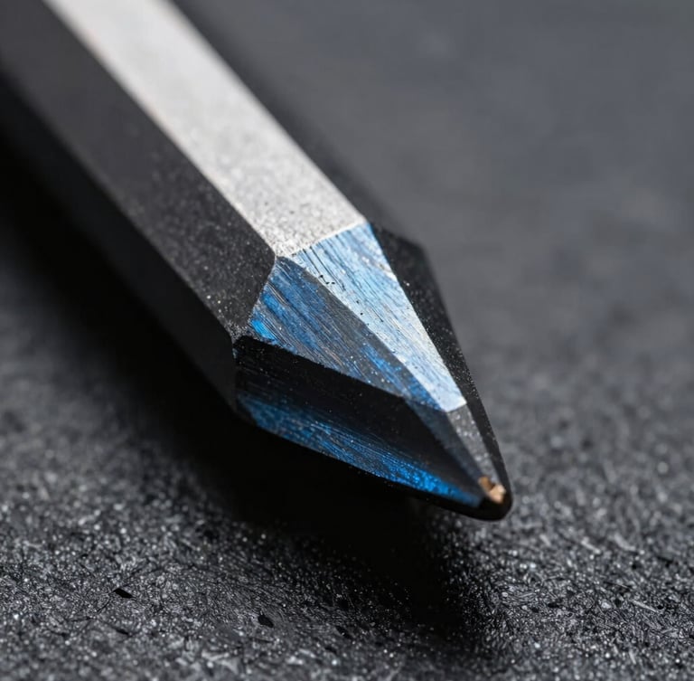 Extreme close-up macro photography of a hardened tool steel progressive die edge, razor-sharp metallic tool path lines, cool blue highlights on dark slate steel, 35mm