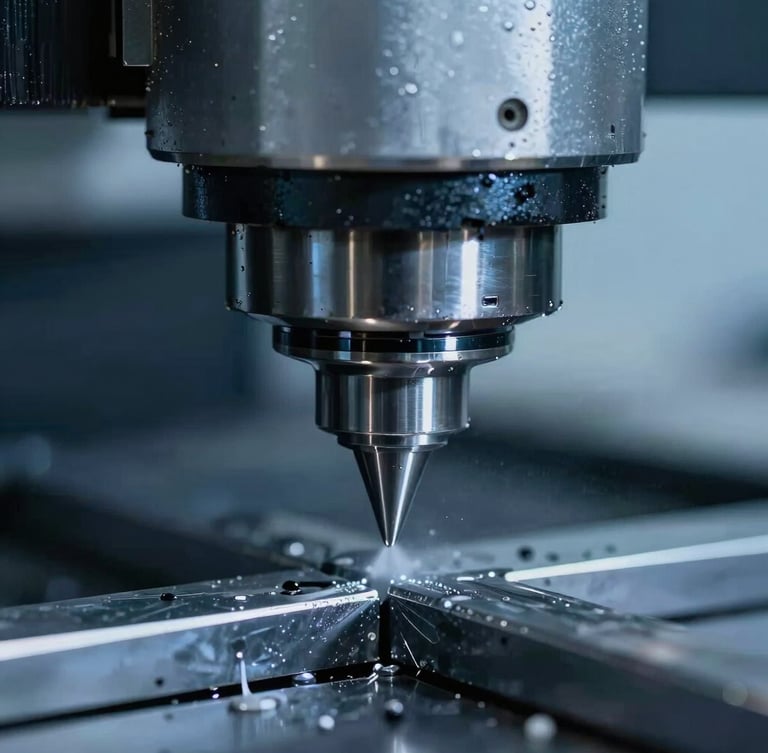 Extreme close-up of a multi-axis CNC milling head cutting tool steel with high-pressure coolant spray, sharp metallic reflections, cool blue lighting, 35mm
