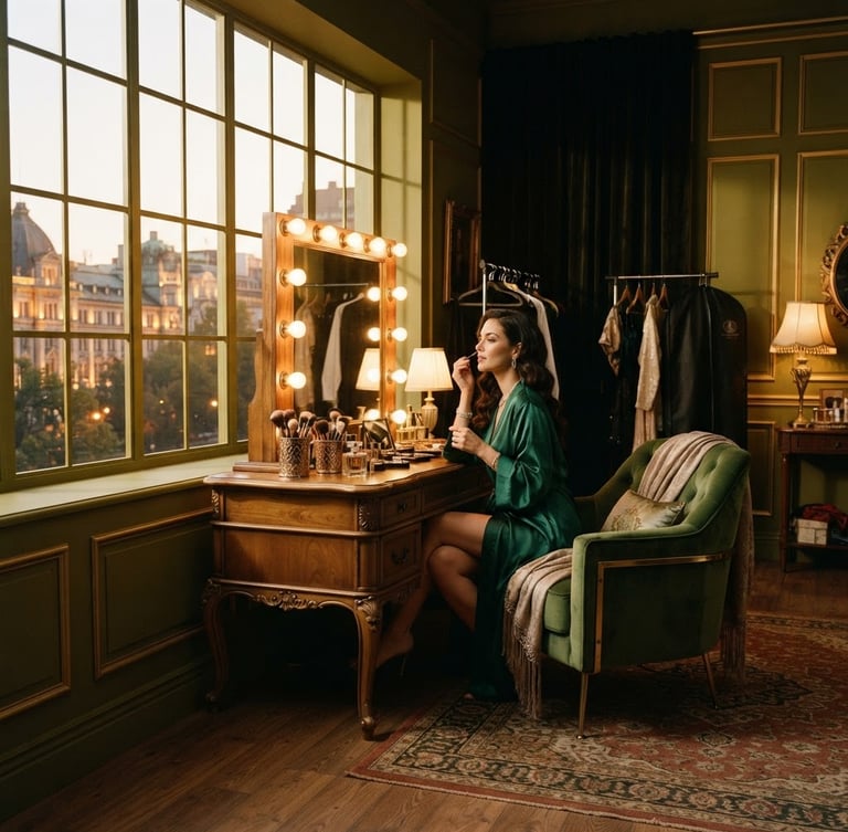 Wide-angle editorial photograph of a luxury green room interior, warm golden-hour light streaming through a large window, elegant vanity table with glowing bulbs, plush velvet armchair, 35mm film look