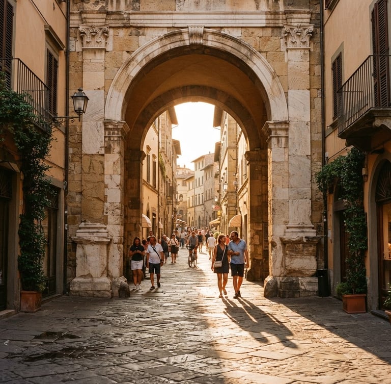 Wide-angle editorial shot of a grand European stone archway at golden hour, warm sunlight streaming through, casting long romantic shadows, 35mm film look.