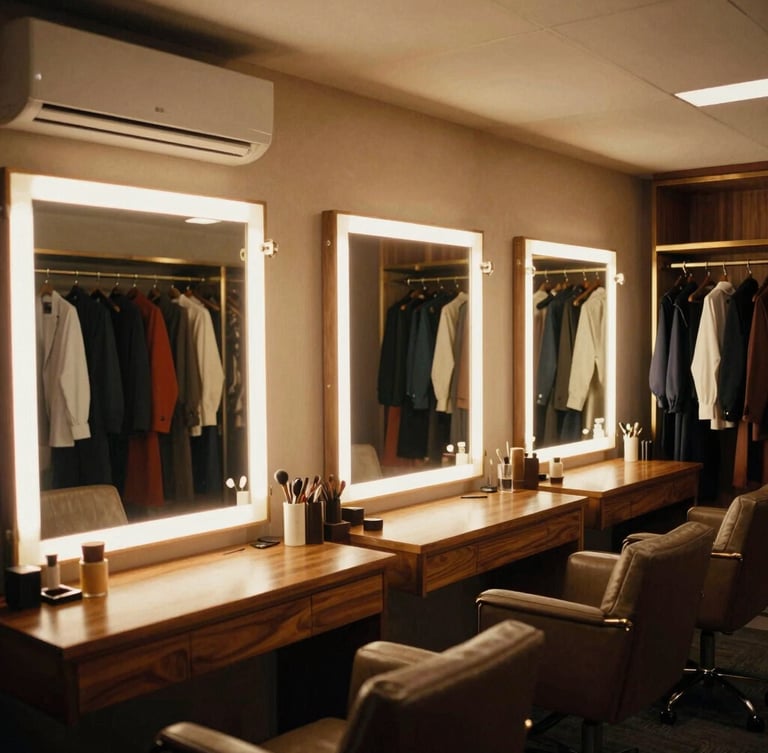 Medium shot of a private air-conditioned styling suite, professional illuminated mirrors casting a warm glow, high-end wardrobe racks, rich textures of wood and brass, 35mm film look