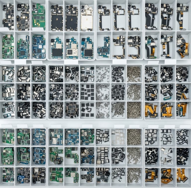 Overhead flat-lay of neatly organized bulk trays of mobile phone components, circuit boards, and connectors under bright high-key studio lighting.