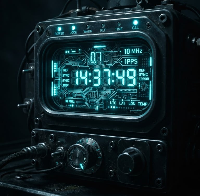 Macro close-up of a retro-futuristic atomic clock, glowing cyan display, dark low-key photography, cold terminal screen illumination, heavy shadows.