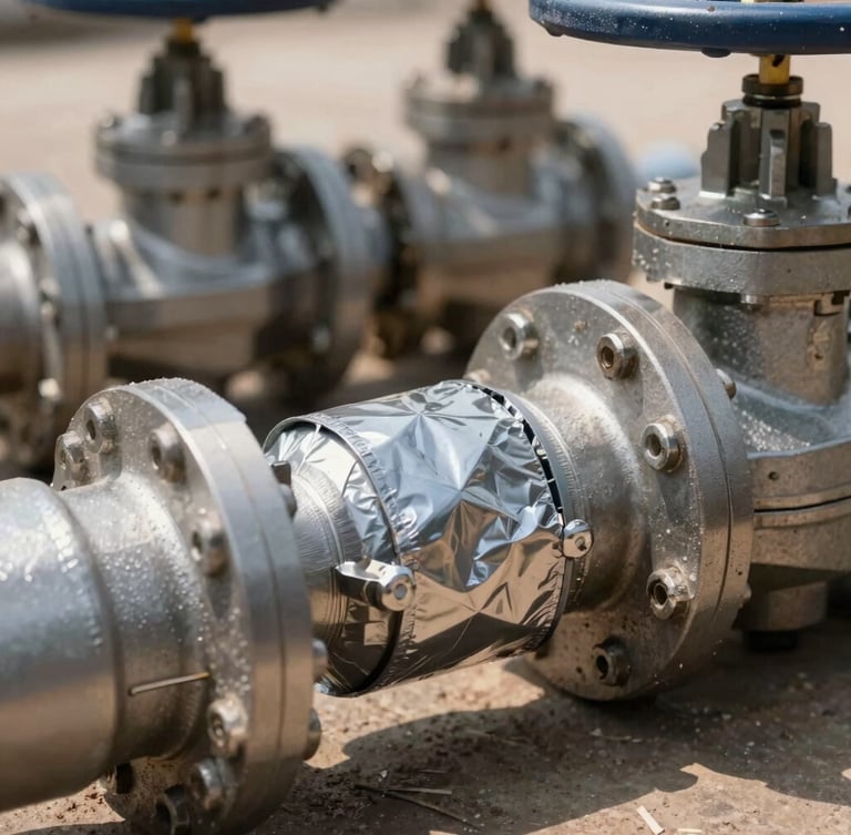 Close-up industrial macro shot of high-flow steel valves and 1100 g/m² heavy-duty PVC-coated fabric connection, harsh direct daylight, high-contrast