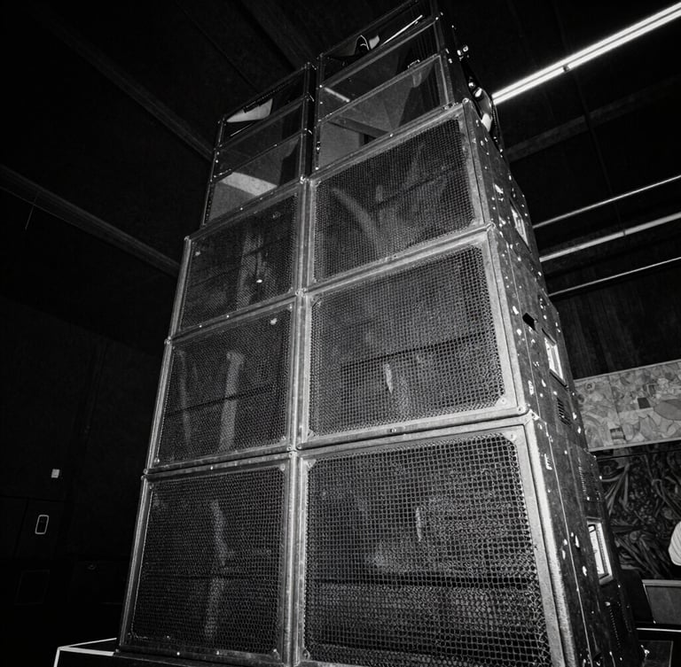 Low-angle wide shot of a towering, gritty warehouse speaker stack, high-contrast black and white, heavy film grain, strobe-lit shadows.