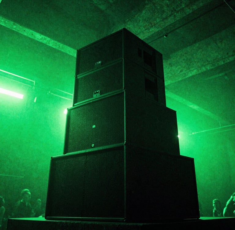 A towering speaker stack inside a raw concrete warehouse, backlit by intense acid green strobe lights, low-angle shot, gritty grain.