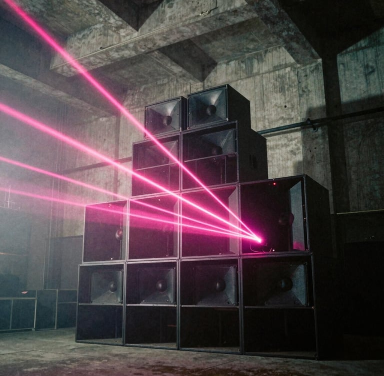 Low-angle wide shot of a towering custom speaker array in a raw concrete warehouse, sharp hot pink lasers cutting through thick fog, heavy film grain