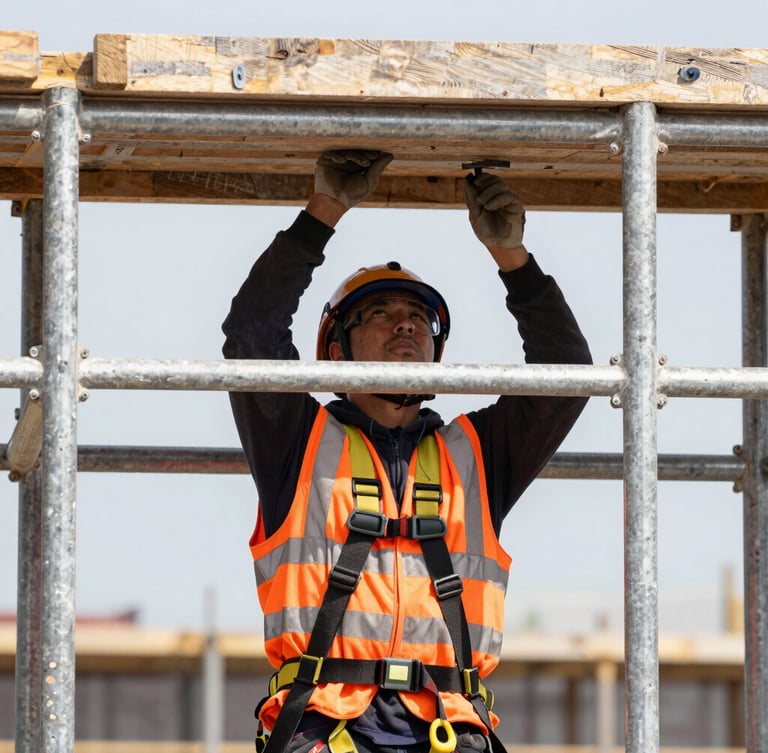 Close-up of a construction worker in high-visibility orange vest and safety harness adjusting scaffolding, crisp daylight, sharp focus, 35mm