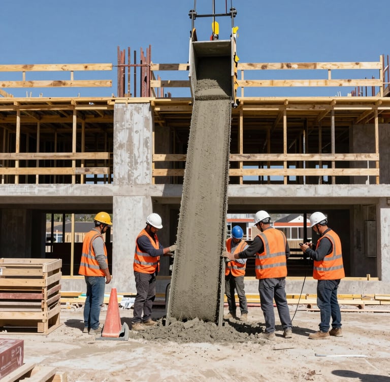 Crisp documentary construction photography, commercial building site under bright Utah daylight, active crew wearing high-visibility orange vests coordinating a concrete pour, sharp focus, 35mm