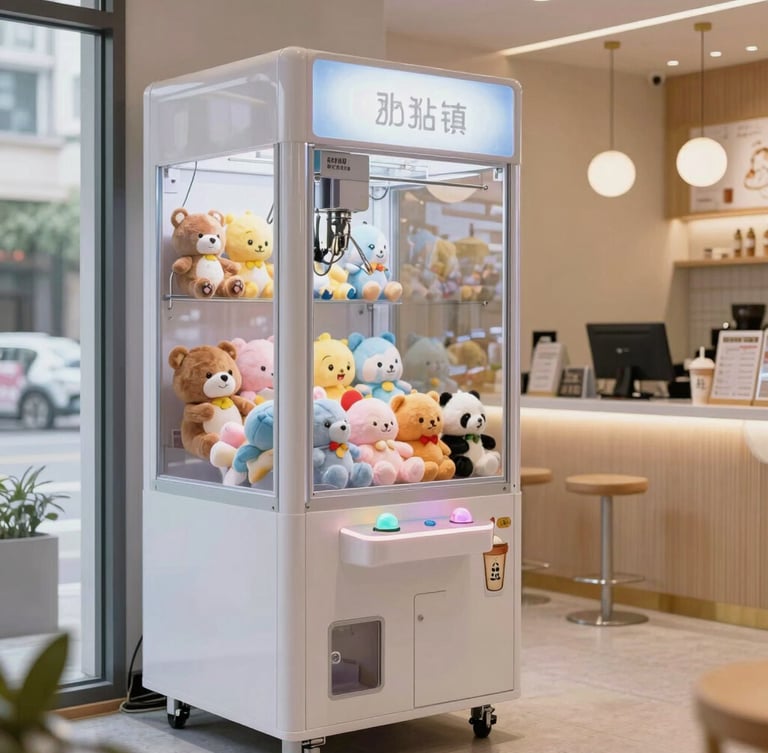 A clean, modern claw machine filled with high-quality plush toys, standing in a bright boba tea shop next to a counter, natural ambient light