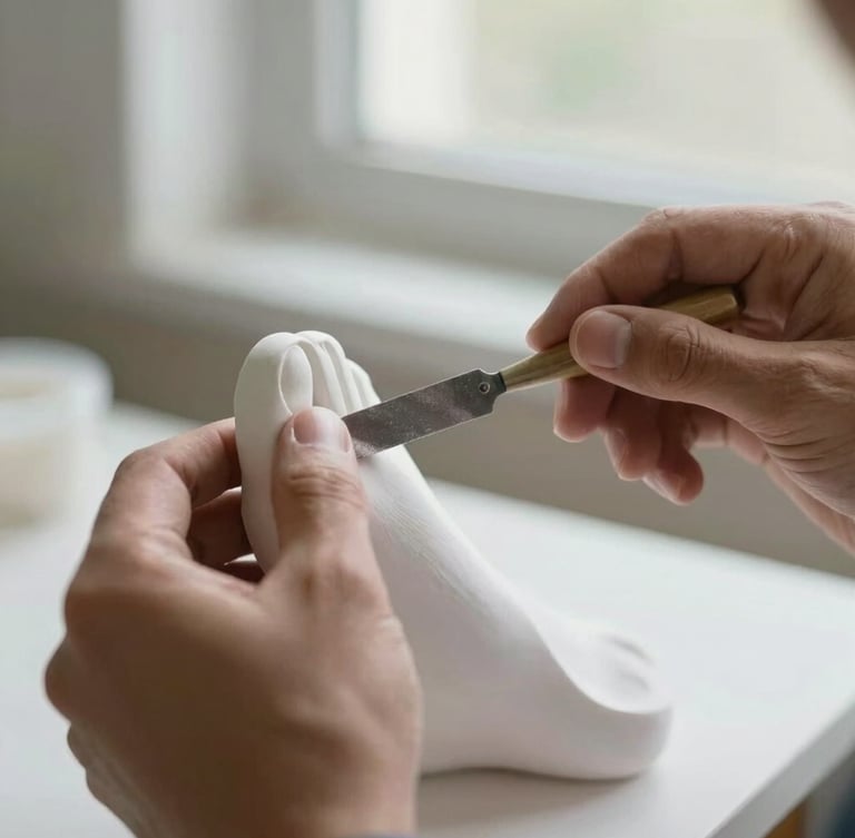 Close-up of a technician's hands carefully shaping a white plaster foot mold with a metal rasp, soft natural window light, shallow depth of field, 35mm lens