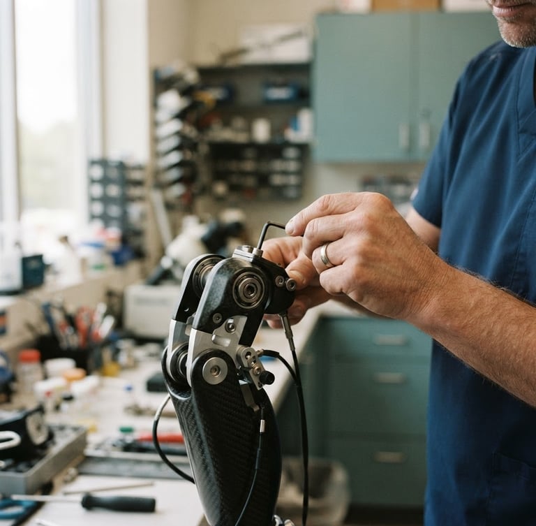 Macro shot of a technician adjusting a carbon-fiber prosthetic joint, bright natural window light, shallow depth of field, clinical teal accents