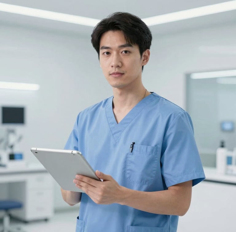 A professional male clinician in light blue scrubs holding a medical tablet, clean clinical lighting, modern clinic background, professional editorial framing, 35mm