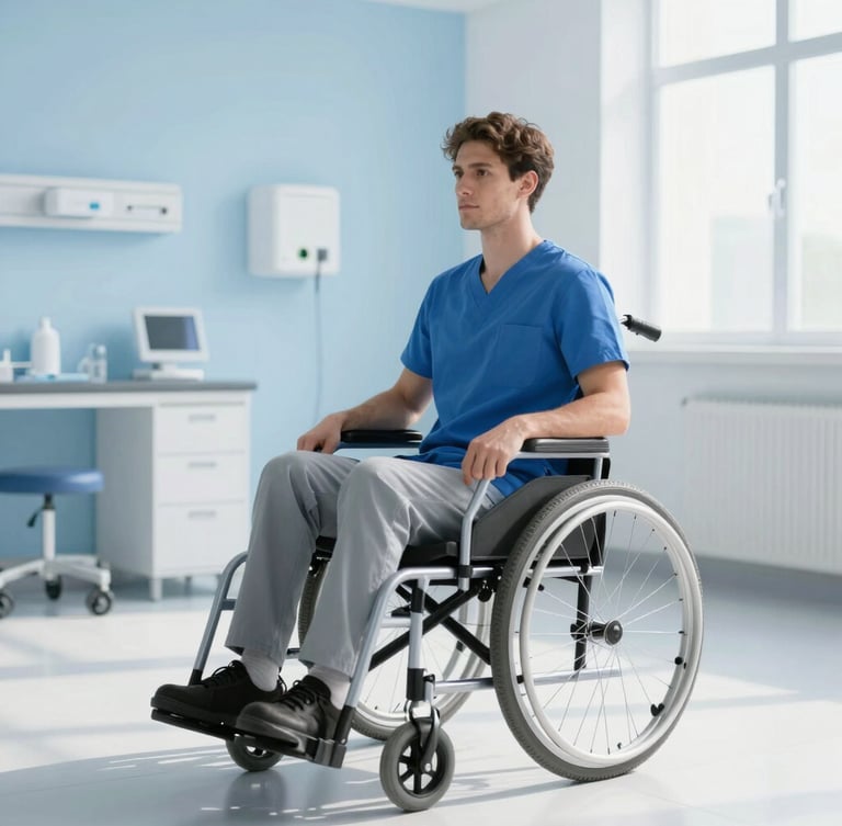 A professional editorial portrait of a male wheelchair user in a bright, modern, minimalist clinic setting, soft natural daylight, clinical blue tones, 35mm.