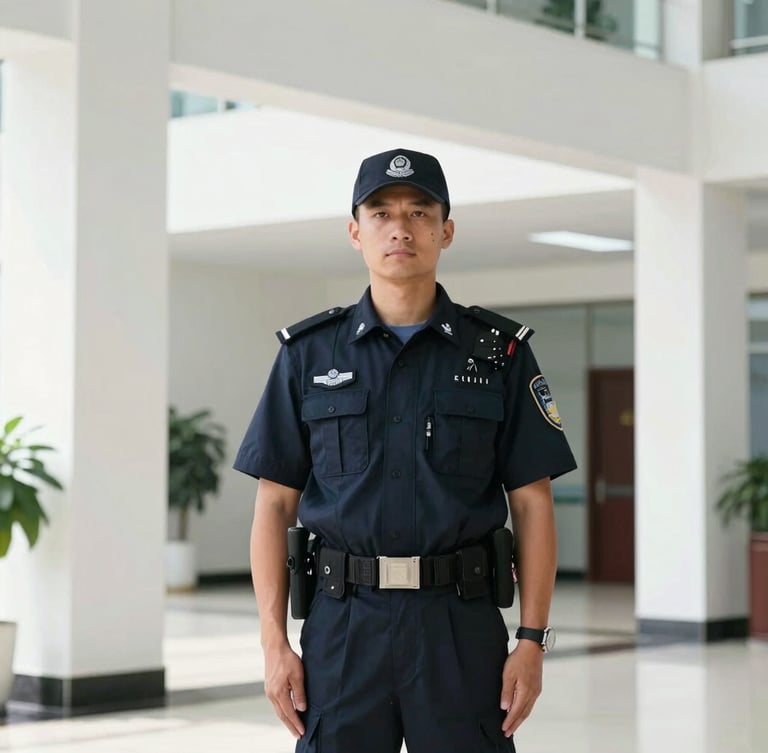 Crisp corporate photography of a uniformed security professional standing alert in a bright, modern building lobby with clean architectural framing, natural daylight, 35mm