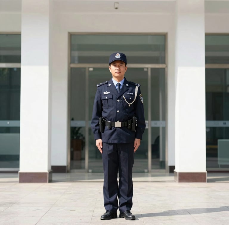 Crisp corporate photography, bright natural daylight, a disciplined security guard in a smart navy uniform standing alert in a modern office lobby, 35mm
