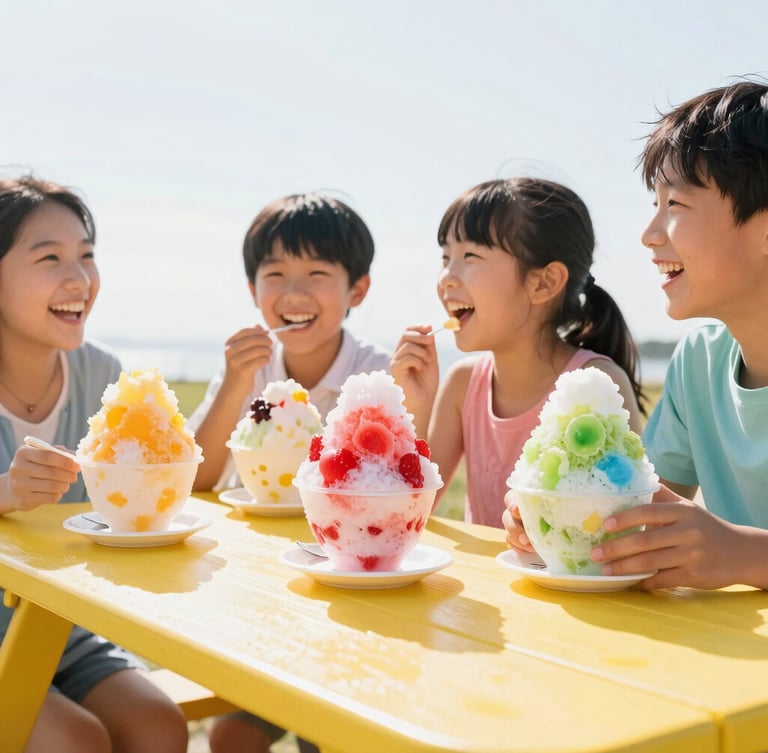 Low-angle shot looking up at a happy family laughing and enjoying colorful shaved ice treats at a bright yellow outdoor picnic table under direct sunlight.