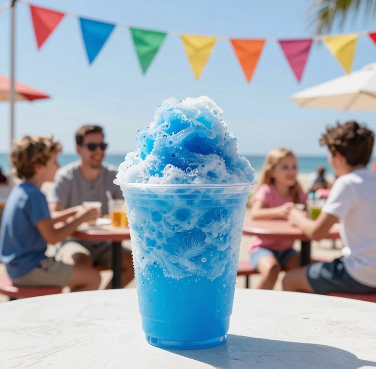 A vibrant blue shaved ice stand under direct summer sunlight, colorful flags fluttering, happy families sitting at outdoor picnic tables laughing, bright high-key photography.