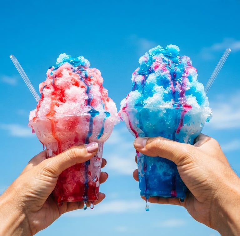 Close-up of towering pink and blue shaved ice cups dripping with syrup, held by hands against a bright blue summer sky, direct high-key sunlight with sharp shadows.