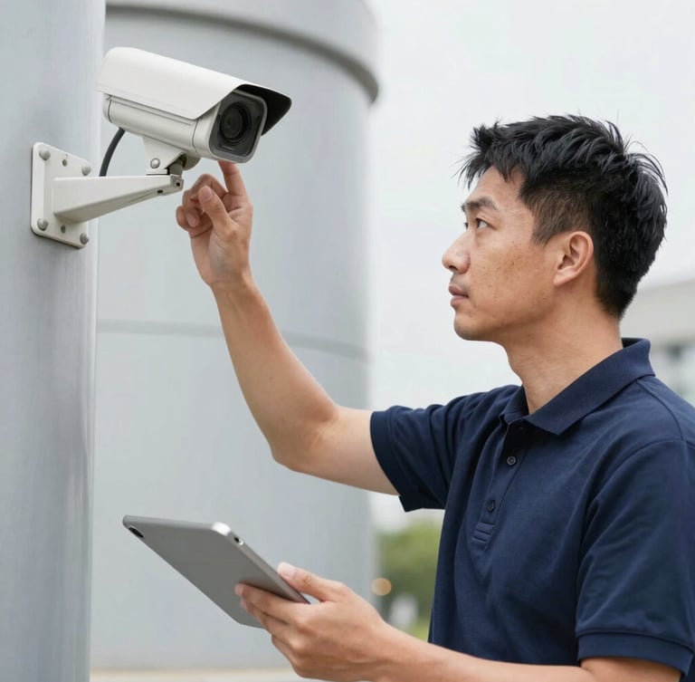 A professional technician in a navy polo shirt testing a mounted security camera with a tablet, outdoor industrial background.