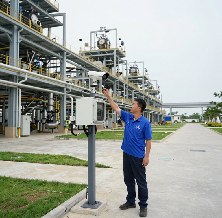 Wide-angle side view of a modern industrial plant in Bac Ninh, Vietnam, with clean concrete pathways and a local WangJia technician in a blue polo shirt adjusting an outdoor security camera.