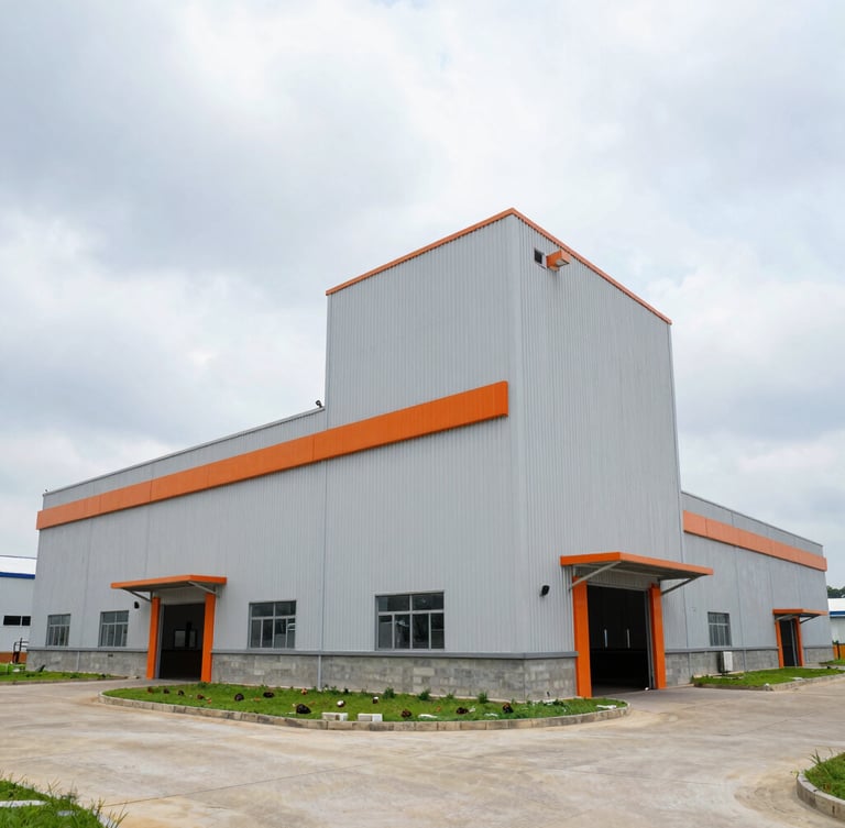 Wide-angle environmental shot of modern industrial park factories in Bac Ninh, Vietnam, overcast daylight, clean concrete structures, safety orange accents on building trim.