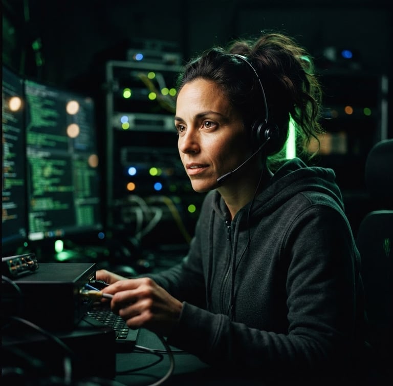 A close-up portrait of a technical consultant in low-key studio lighting, subtle neon green edge-lighting, high-contrast tech aesthetic, shallow depth of field, 35mm.