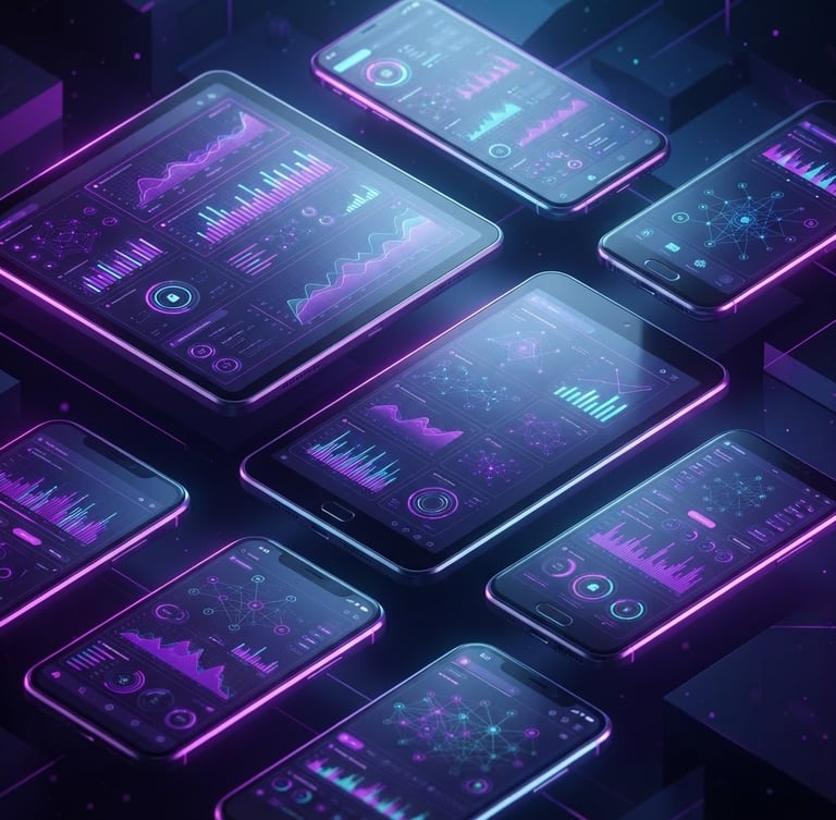 Sleek 3D digital render of an Android device mockup showing a complex data dashboard, dark ambient background with vibrant neon purple and cyan rim lighting, isometric perspective, octane render