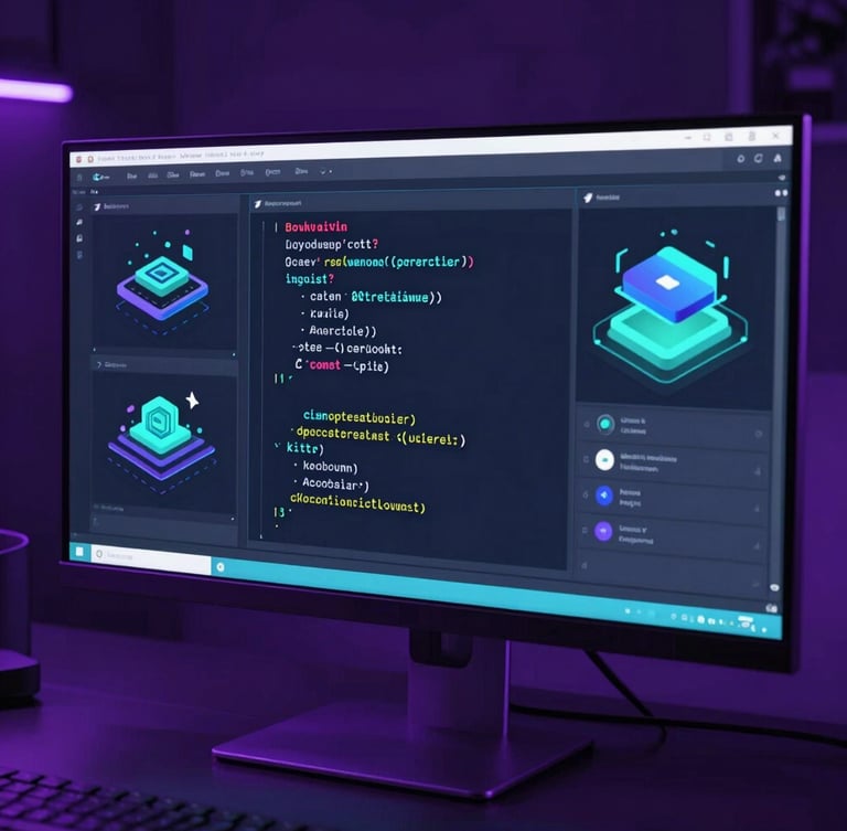 Close-up of developer analyzing clean Kotlin code on an ultra-wide monitor, low-key studio lighting with dramatic violet and cyan rim lights reflecting off glass, sleek 3D aesthetic