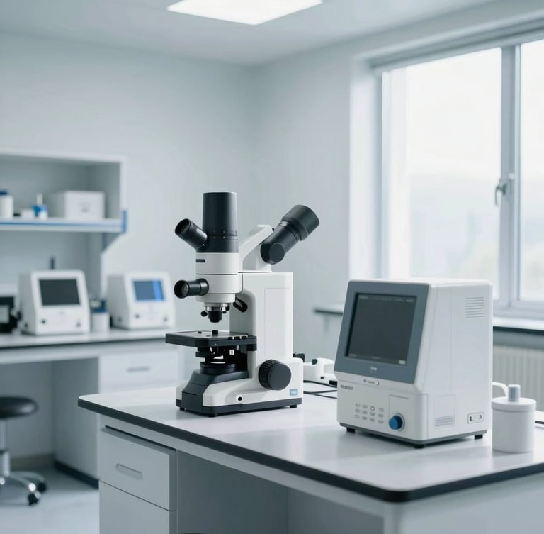 High-precision laboratory environment with clean-room medical R&D setups, minimalist instrumentation, sharp focus, cool bright natural daylight