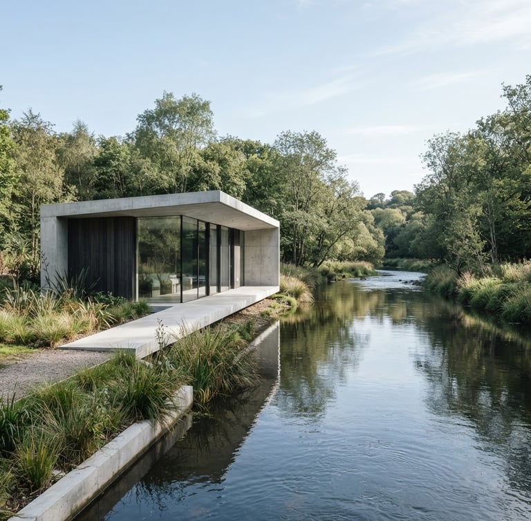 Wide environmental architectural shot of a minimalist modern pavilion by a quiet river, clean concrete lines, bright daylight, sharp focus, cool tones, 35mm lens