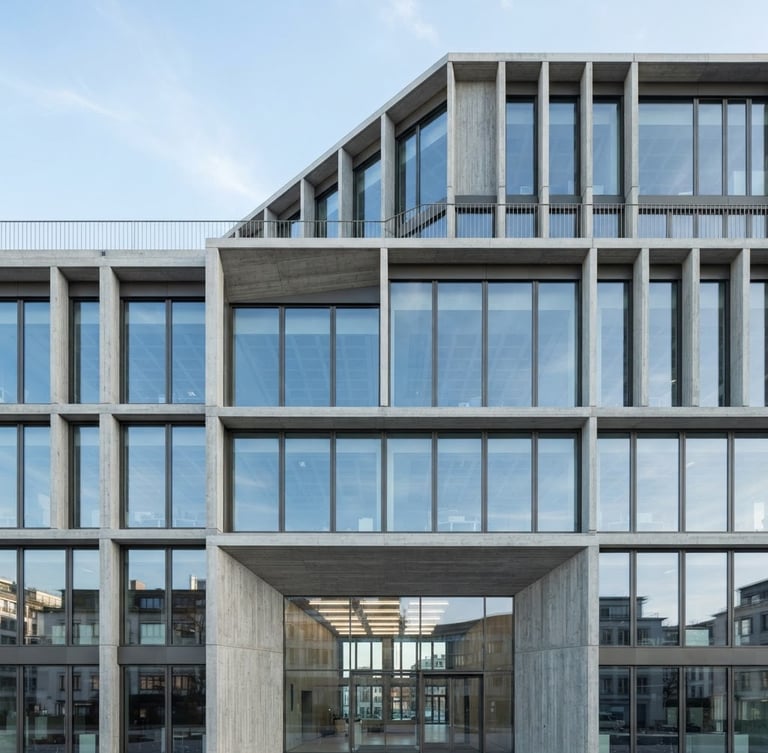 Clean architectural photography of a modern minimalist corporate headquarters facade, sharp concrete lines, glass windows reflecting bright daylight, cool tones, 35mm lens