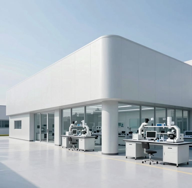Architectural lines of a modern medical research facility, clean-room medical R&D setup, cool bright daylight, minimalist cool tones, sharp focus, 35mm lens