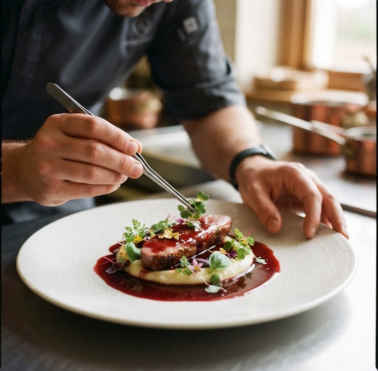 Tight macro shot of a chef finishing a plate with microgreens under soft window light, rich crimson sauce on white ceramic, shallow depth of field, 35mm