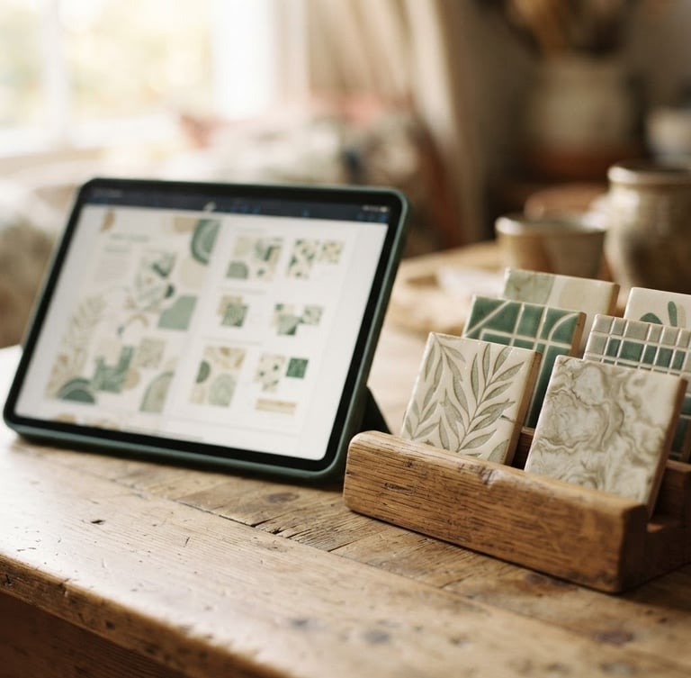 Close-up of a tablet displaying the PDF guide next to a wooden tile rack, warm soft natural window light, ivory and jade green tones, shallow depth of field, 35mm
