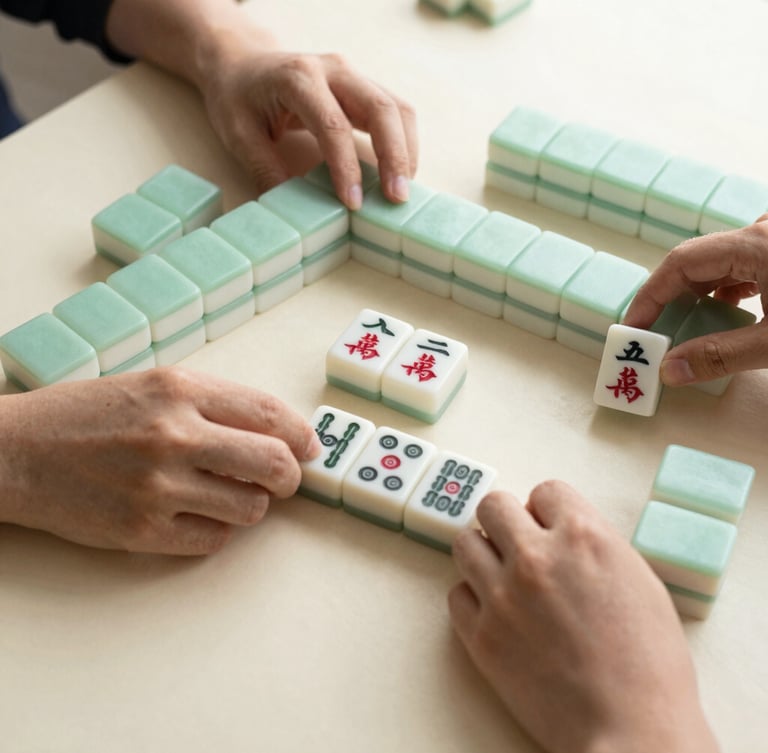 Overhead flatlay of hands arranging physical Mah Jongg tiles on a clean ivory table, soft natural window light, warm editorial style.