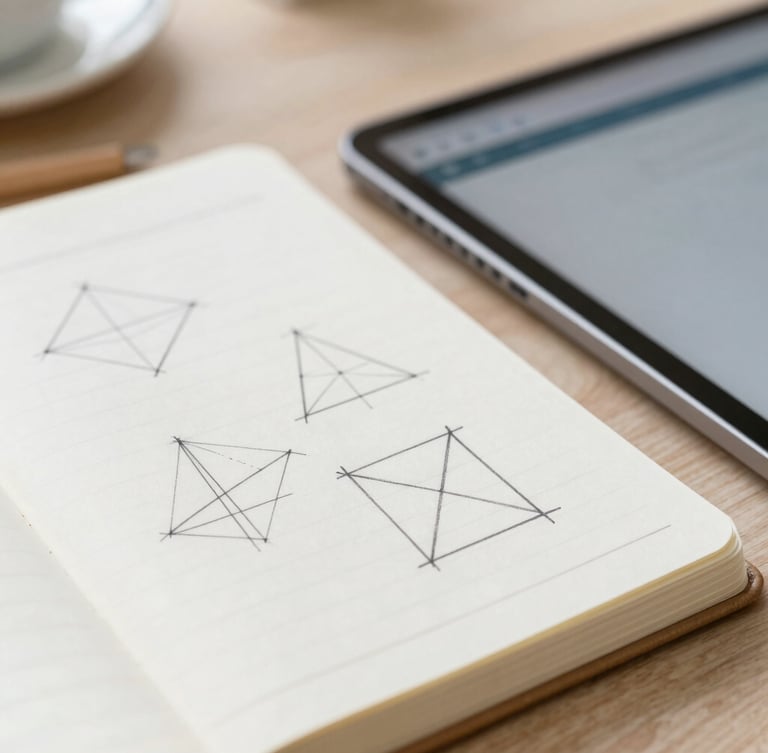 Close-up of a neat notebook with geometric sketches and a digital tablet showing a clean educational interface, soft natural daylight, warm muted tones