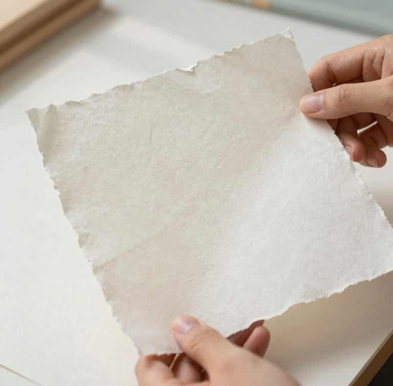 Close-up of hands holding a thick sheet of deckled-edge cotton paper in a sunlit studio, soft shadows, raw artistic atmosphere